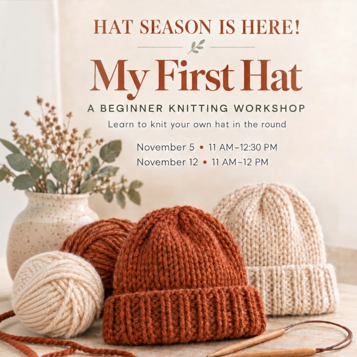 November 5 & 12: Knit Your First Hat – A Beginner Workshop